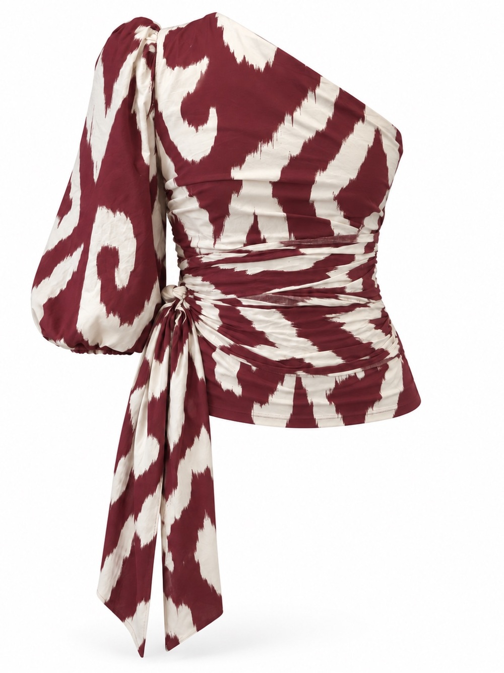 Express One-Shoulder Tie-Waist Blouse in Burgundy and Cream